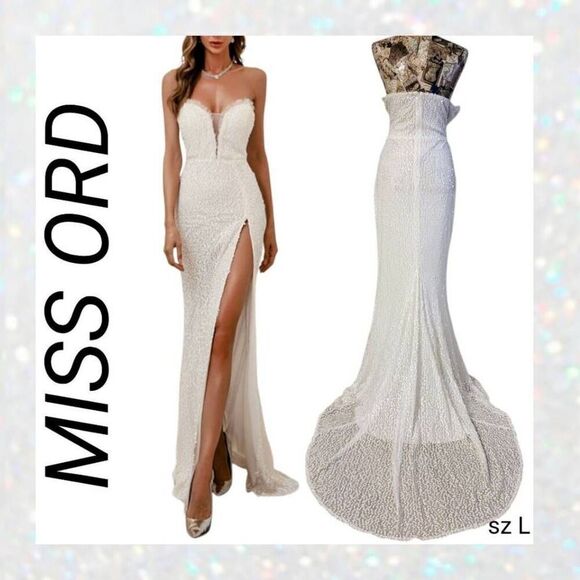 Formal Dress White Sparkle Sequin Mermaid Sweetheart Split Long Maxi Gown  Train